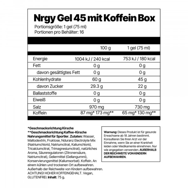 4ENDURANCE Nrgy Gel 45 Box Coffee-Cherry - Energy-Gel mit 130 mg Koffein (16 x 75 g)