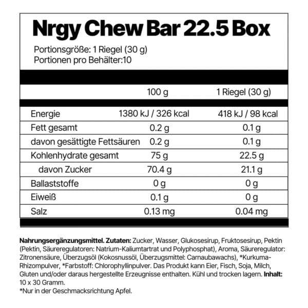 4ENDURANCE Nrgy Chew Bar 22,5 Box Energierigel Apple (10 x 30 g)