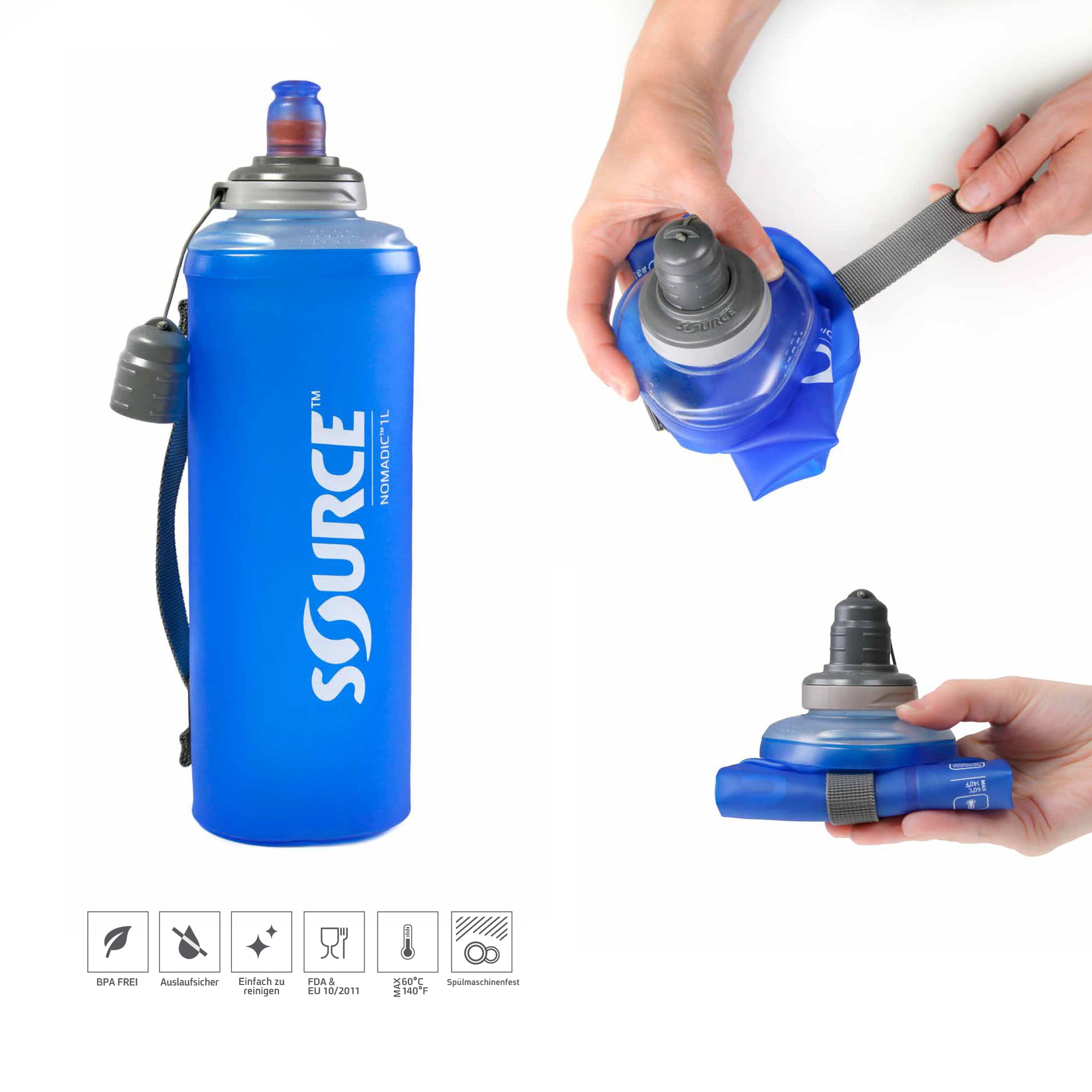 SOURCE Nomadic faltbare Trinkflasche ohne PVC und BPA - 1 L, Blau, Trinkflaschen, Trinkflaschen & Trinksysteme, Zubehör